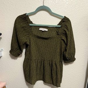 Loft Peplum Square Neck Dark Moss Green Leopard Print Blouse